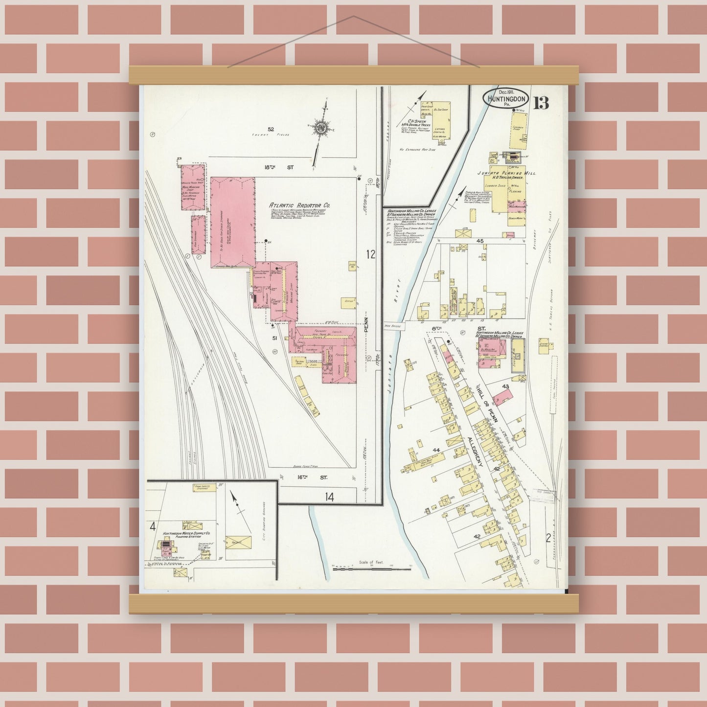 Old map wall art mockup — magnetic wood frame on brick wall — Sanborn Fire Insurance Map from Huntingdon, Huntingdon County, Pennsylvania (1911), Sheet #0013