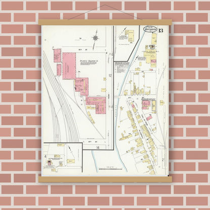 Old map wall art mockup — magnetic wood frame on brick wall — Sanborn Fire Insurance Map from Huntingdon, Huntingdon County, Pennsylvania (1911), Sheet #0013