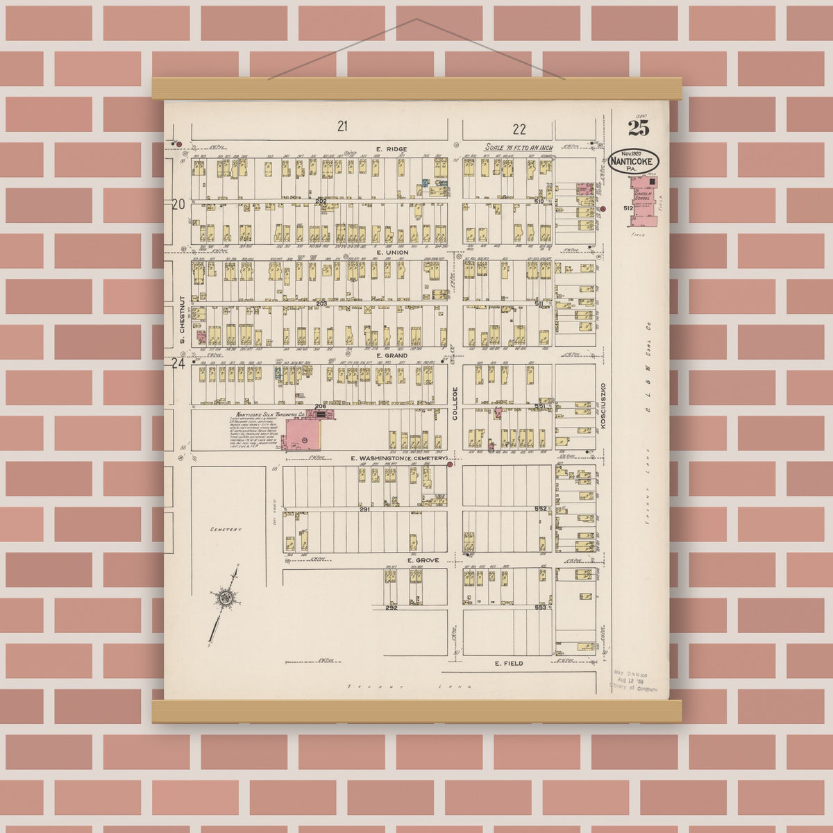 Old map wall art mockup — magnetic wood frame on brick wall — Sanborn Fire Insurance Map from Nanticoke, Luzerne County, Pennsylvania (1920), Sheet #0025