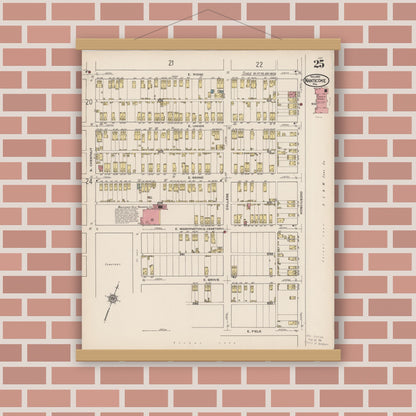 Old map wall art mockup — magnetic wood frame on brick wall — Sanborn Fire Insurance Map from Nanticoke, Luzerne County, Pennsylvania (1920), Sheet #0025
