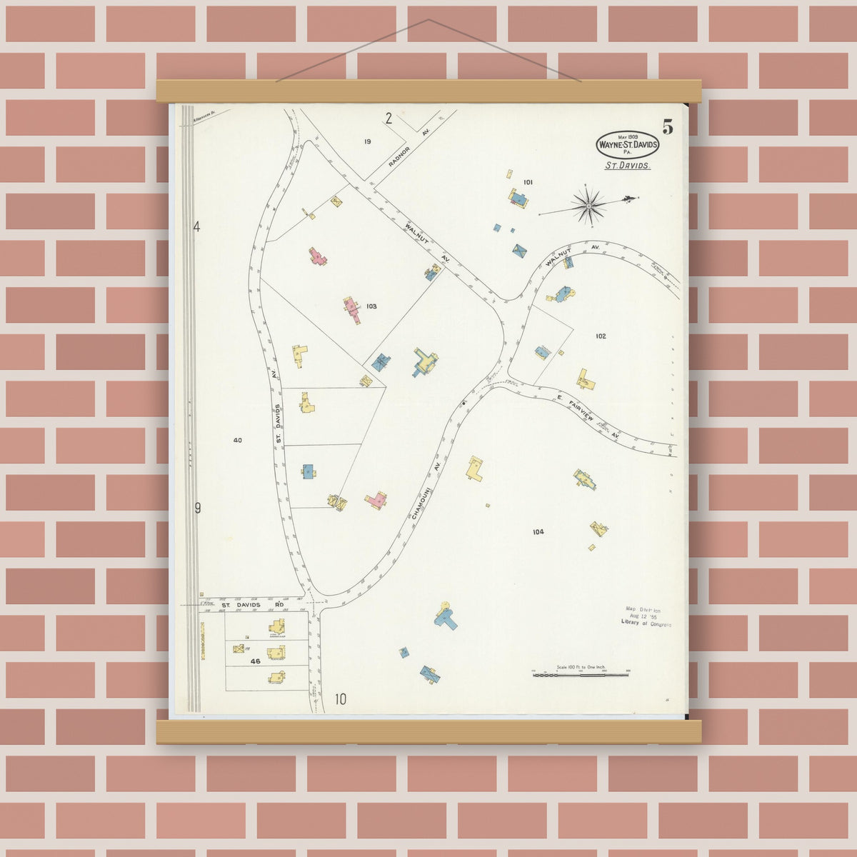 Old map wall art mockup — magnetic wood frame on brick wall — Sanborn Fire Insurance Map from Wayne, Delaware County, Pennsylvania (1909), Sheet #0005