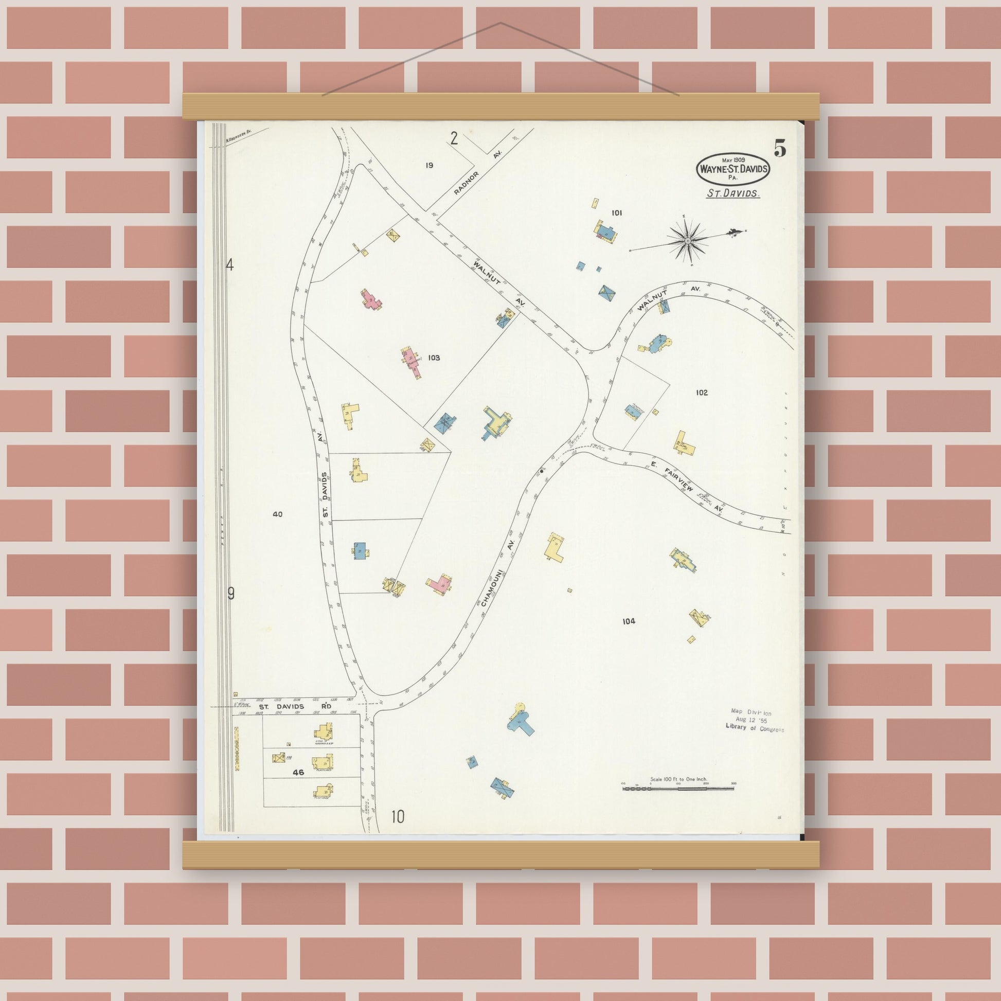 Old map wall art mockup — magnetic wood frame on brick wall — Sanborn Fire Insurance Map from Wayne, Delaware County, Pennsylvania (1909), Sheet #0005