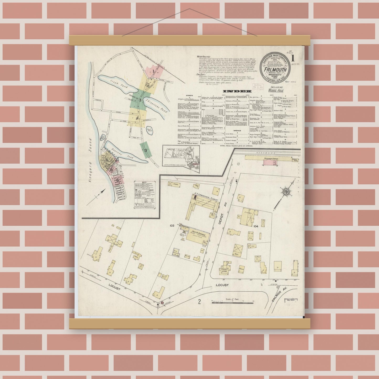Old map wall art mockup — magnetic wood frame on brick wall — Sanborn Fire Insurance Map from Falmouth, Barnstable County, Massachusetts (1914), Sheet #0001