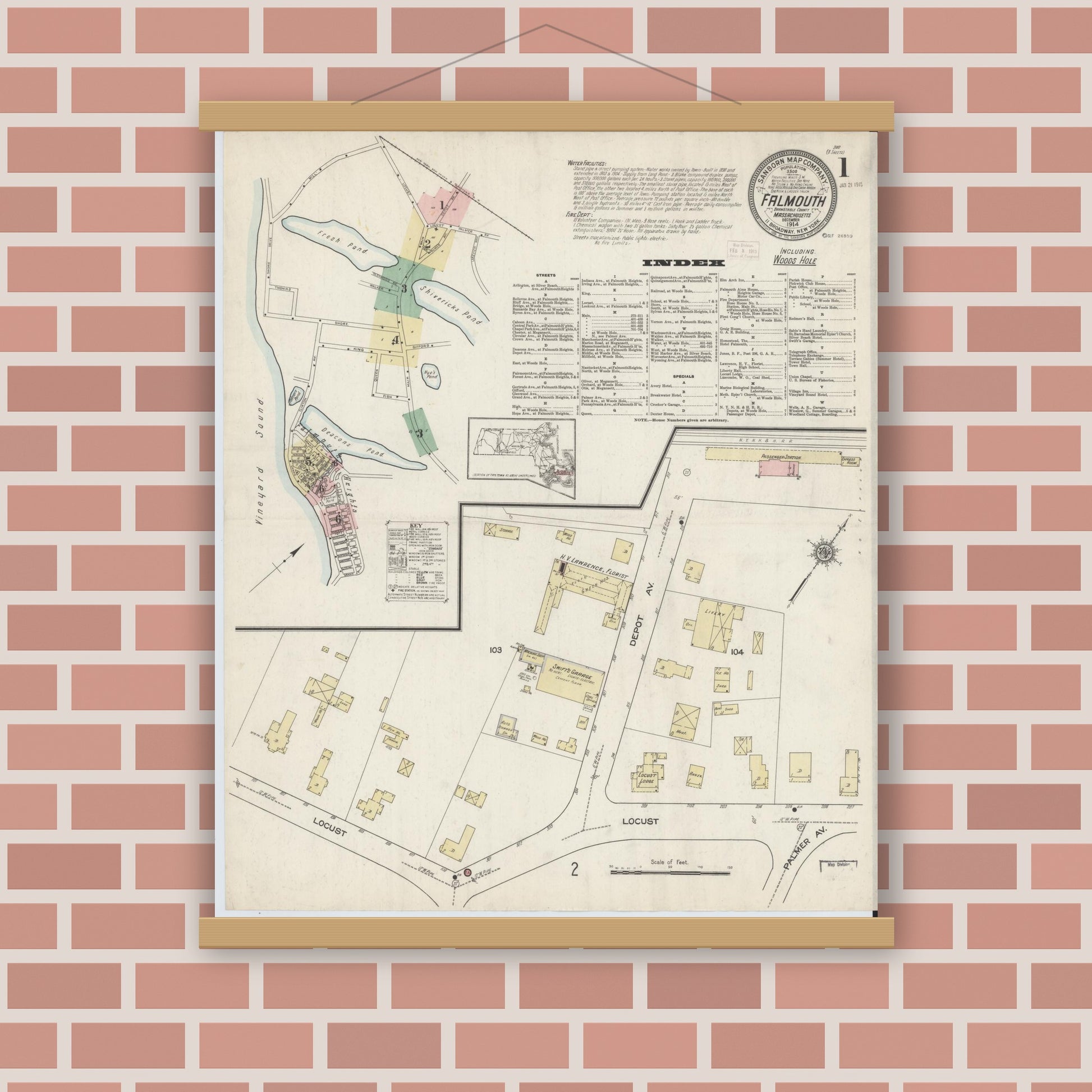 Old map wall art mockup — magnetic wood frame on brick wall — Sanborn Fire Insurance Map from Falmouth, Barnstable County, Massachusetts (1914), Sheet #0001