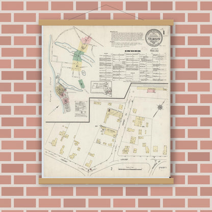 Old map wall art mockup — magnetic wood frame on brick wall — Sanborn Fire Insurance Map from Falmouth, Barnstable County, Massachusetts (1914), Sheet #0001
