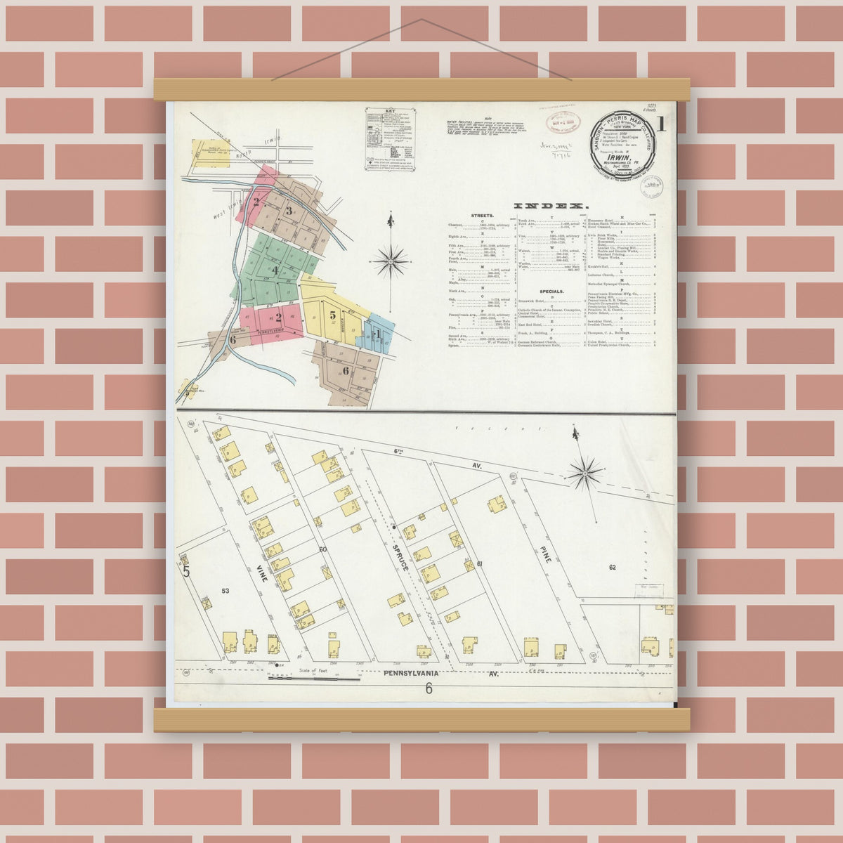 Old map wall art mockup — magnetic wood frame on brick wall — Sanborn Fire Insurance Map from Irwin, Westmoreland County, Pennsylvania (1899), Sheet #0001