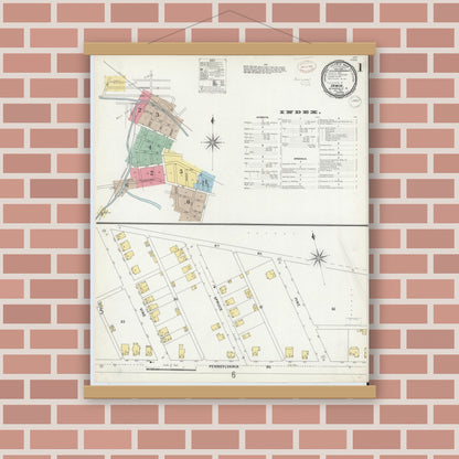 Old map wall art mockup — magnetic wood frame on brick wall — Sanborn Fire Insurance Map from Irwin, Westmoreland County, Pennsylvania (1899), Sheet #0001