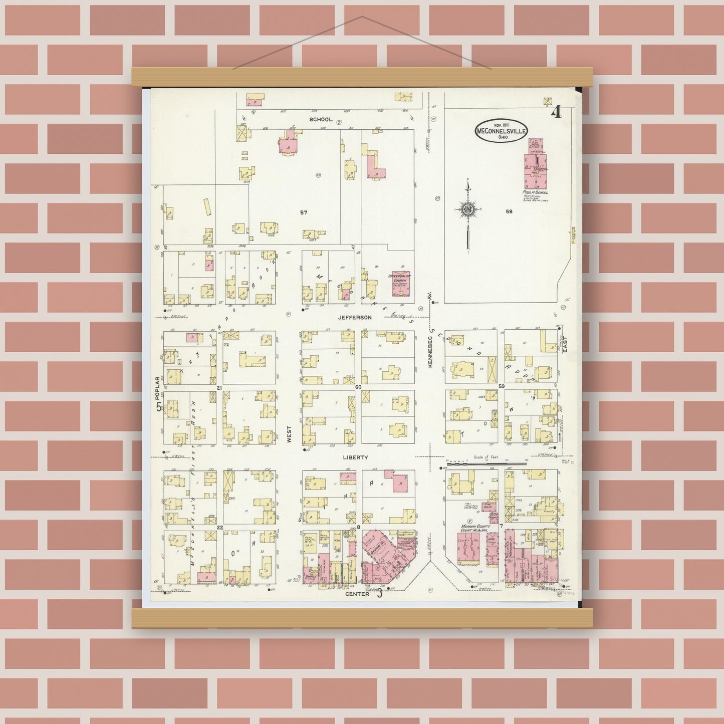 Old map wall art mockup — magnetic wood frame on brick wall — Sanborn Fire Insurance Map from McConnelsville, Morgan County, Ohio (1911), Sheet #0004