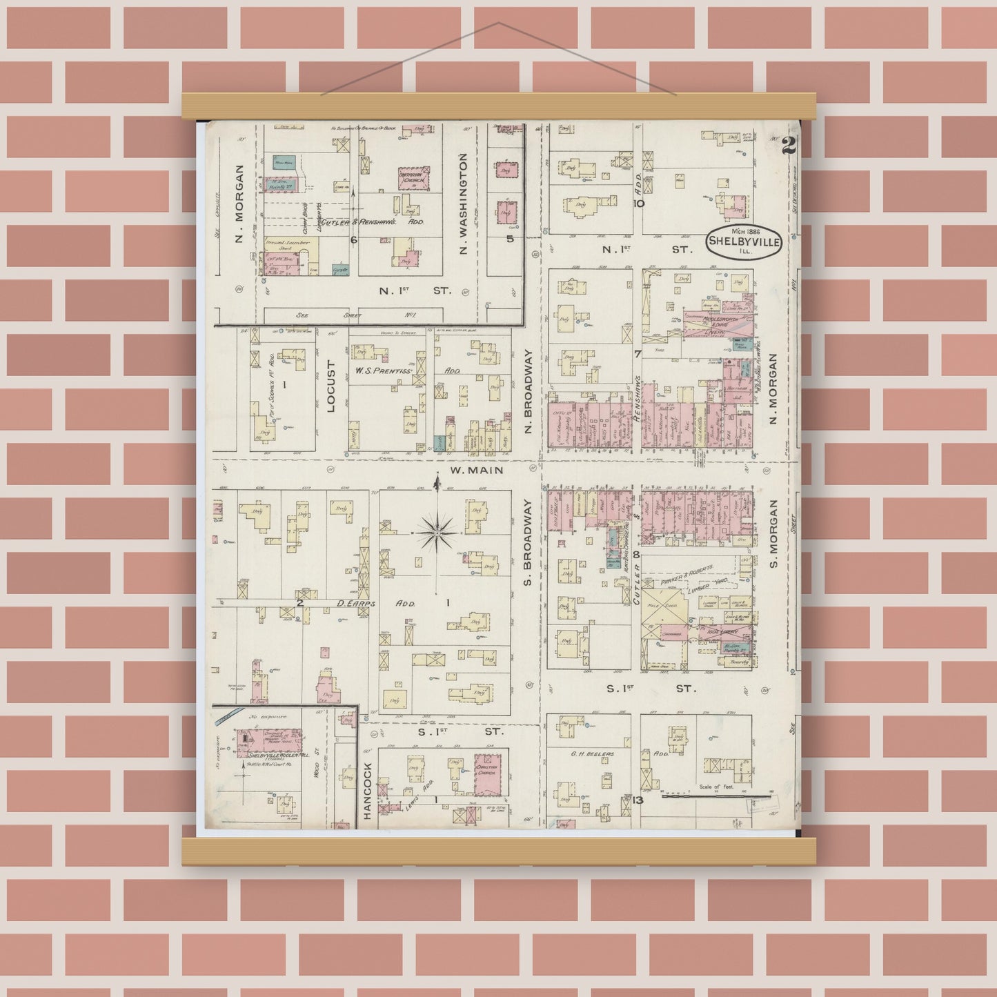 Old map wall art mockup — magnetic wood frame on brick wall — Sanborn Fire Insurance Map from Shelbyville, Shelby County, Illinois (1886), Sheet #0002
