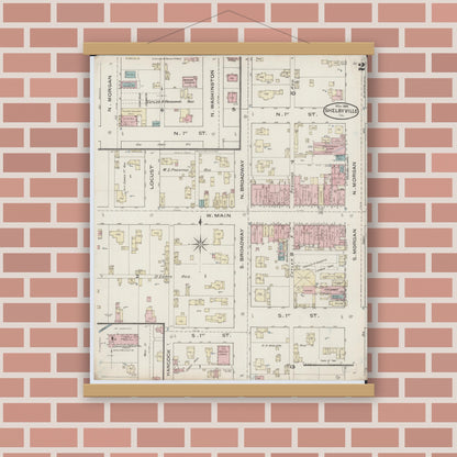 Old map wall art mockup — magnetic wood frame on brick wall — Sanborn Fire Insurance Map from Shelbyville, Shelby County, Illinois (1886), Sheet #0002