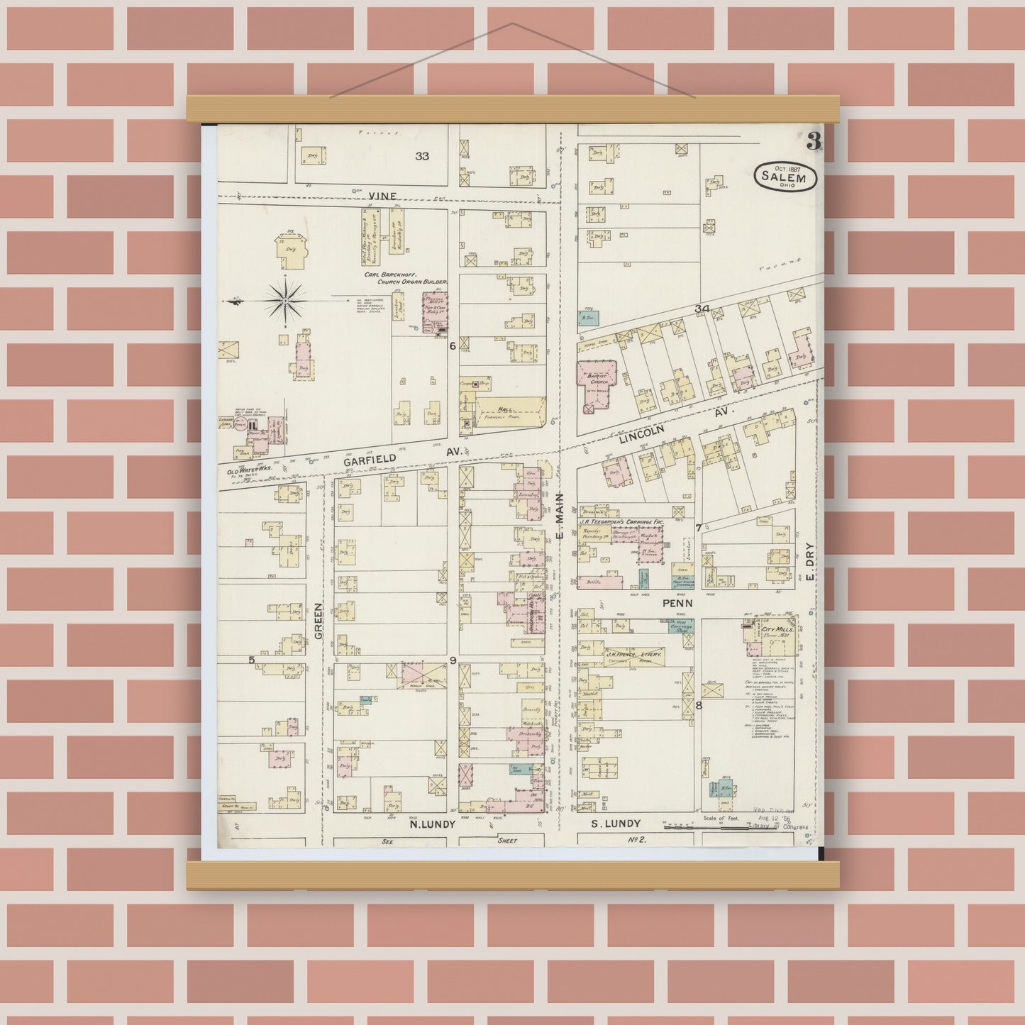 Old map wall art mockup — magnetic wood frame on brick wall — Sanborn Fire Insurance Map from Salem, Columbiana County, Ohio (1887), Sheet #0003