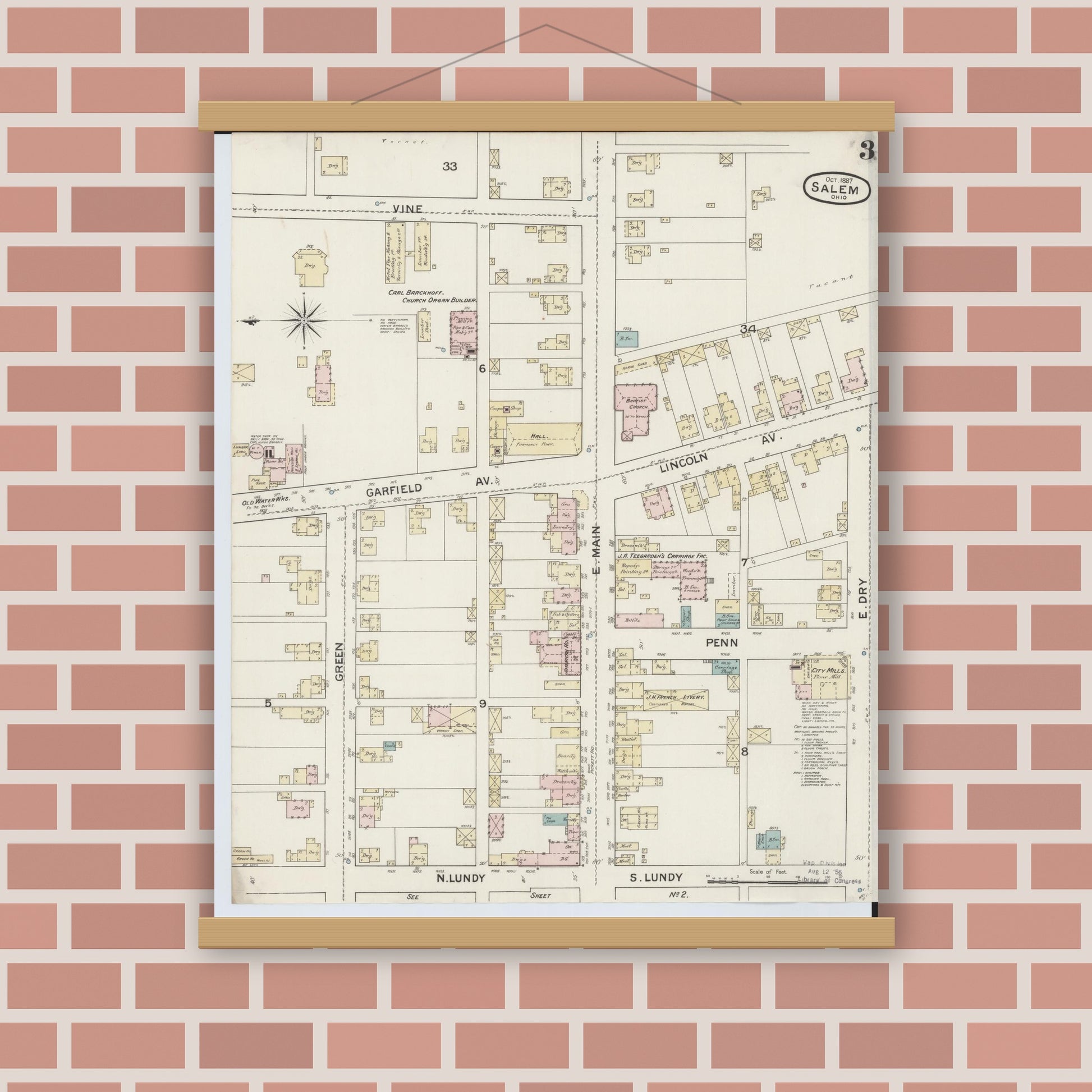 Old map wall art mockup — magnetic wood frame on brick wall — Sanborn Fire Insurance Map from Salem, Columbiana County, Ohio (1887), Sheet #0003