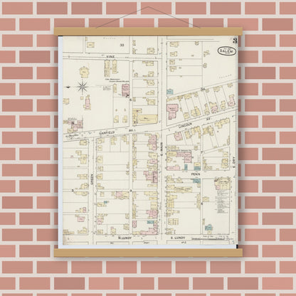 Old map wall art mockup — magnetic wood frame on brick wall — Sanborn Fire Insurance Map from Salem, Columbiana County, Ohio (1887), Sheet #0003