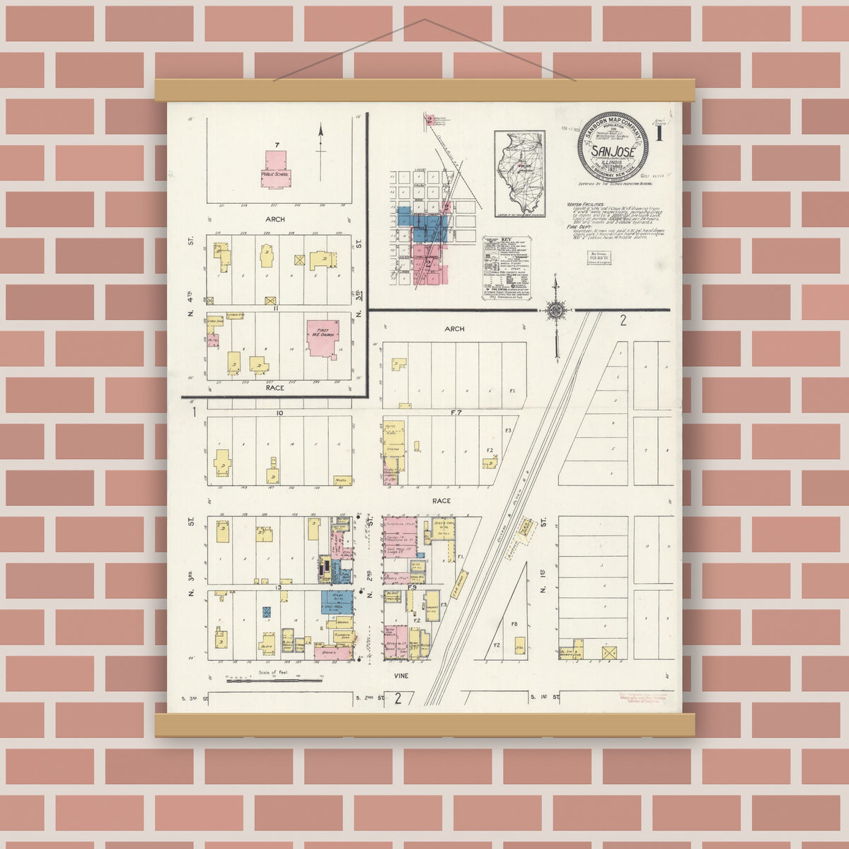 Old map wall art mockup — magnetic wood frame on brick wall — Sanborn Fire Insurance Map from San Jose, Mason And Logan Counties, Illinois (1921) - Complete Map Set