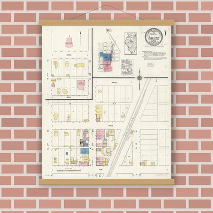 Old map wall art mockup — magnetic wood frame on brick wall — Sanborn Fire Insurance Map from San Jose, Mason And Logan Counties, Illinois (1921) - Complete Map Set