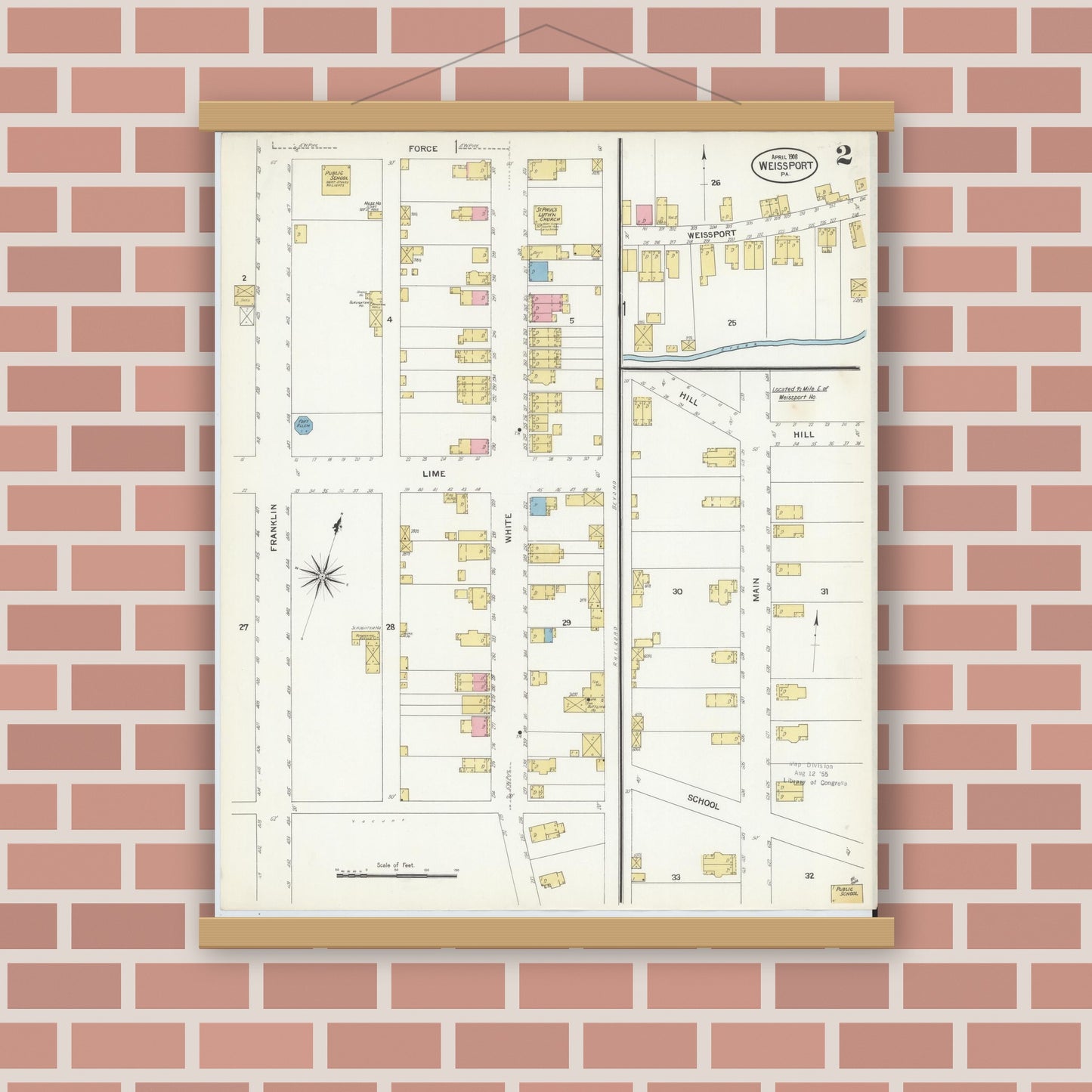 Old map wall art mockup — magnetic wood frame on brick wall — Sanborn Fire Insurance Map from Weissport, Carbon County, Pennsylvania (1908), Sheet #0002