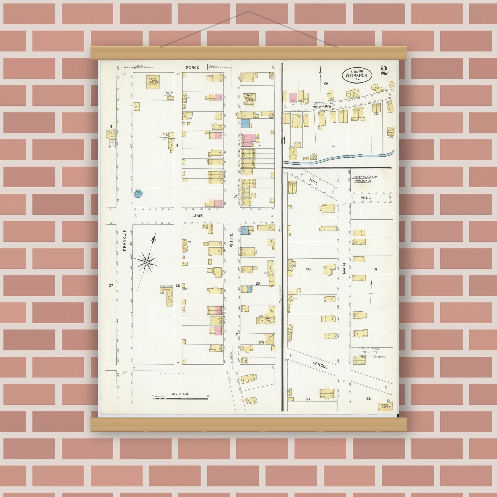 Old map wall art mockup — magnetic wood frame on brick wall — Sanborn Fire Insurance Map from Weissport, Carbon County, Pennsylvania (1908), Sheet #0002