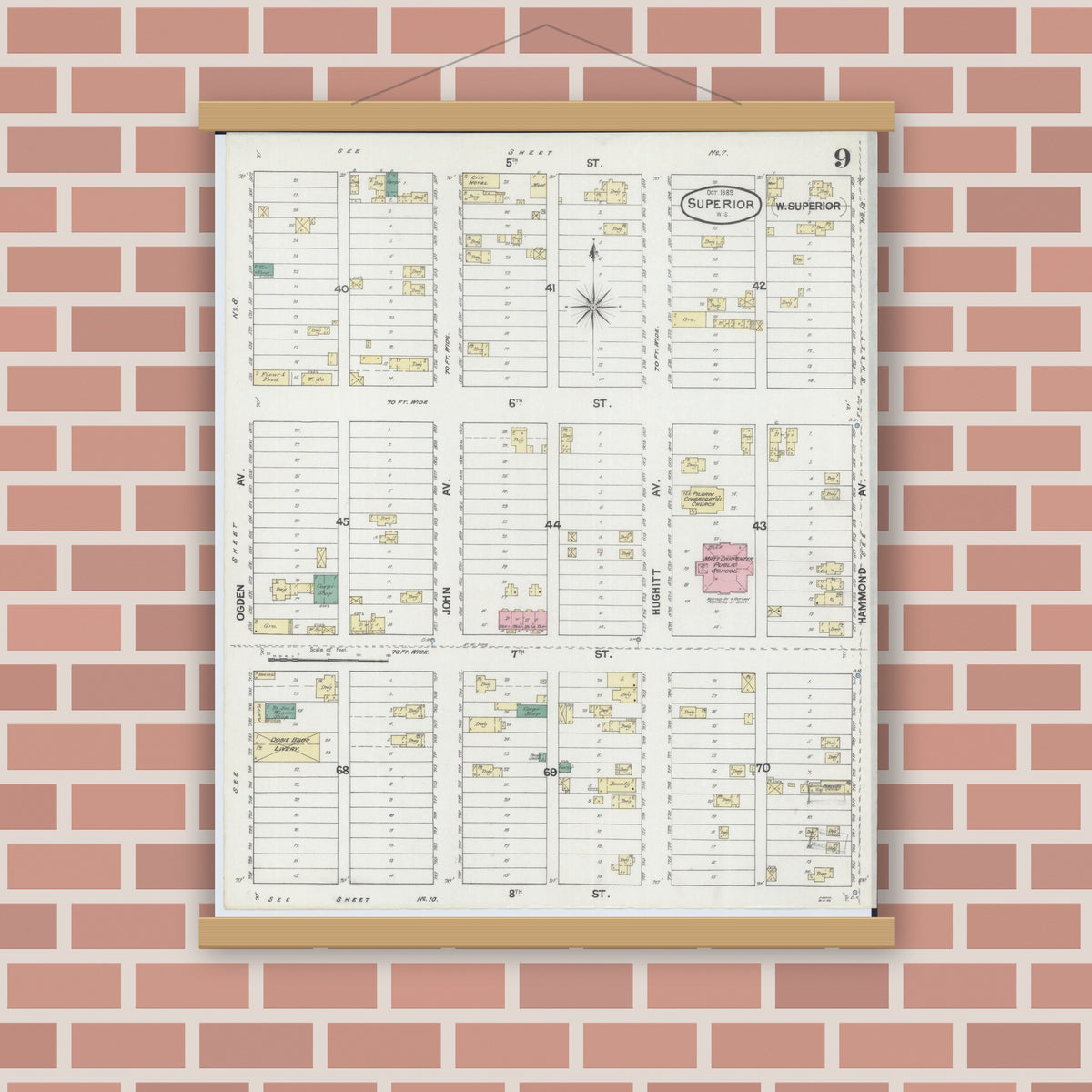 Old map wall art mockup — magnetic wood frame on brick wall — Sanborn Fire Insurance Map from Superior, Douglas County, Wisconsin (1887), Sheet #0009