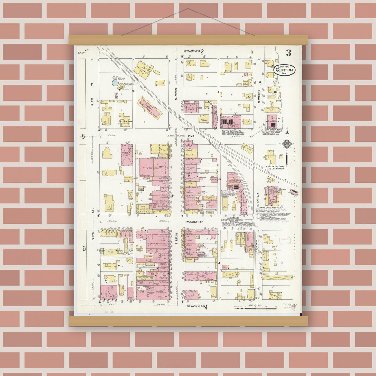 Old map wall art mockup — magnetic wood frame on brick wall — Sanborn Fire Insurance Map from Clinton, Vermillion County, Indiana (1910), Sheet #0003