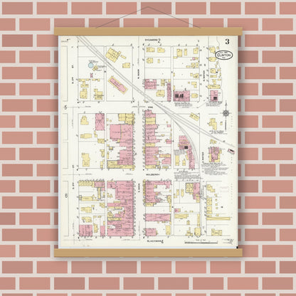 Old map wall art mockup — magnetic wood frame on brick wall — Sanborn Fire Insurance Map from Clinton, Vermillion County, Indiana (1910), Sheet #0003