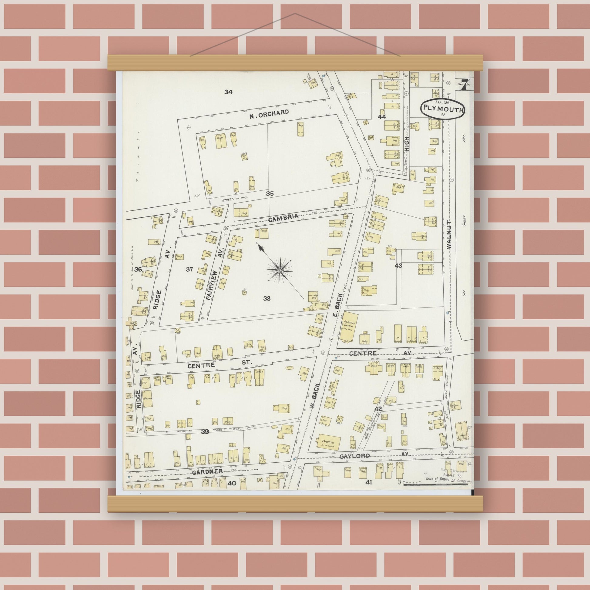 Old map wall art mockup — magnetic wood frame on brick wall — Sanborn Fire Insurance Map from Plymouth, Luzerne County, Pennsylvania (1891), Sheet #0007