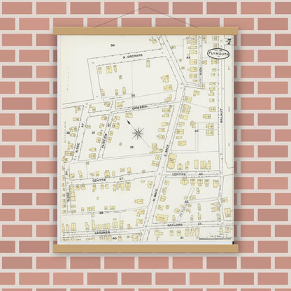 Old map wall art mockup — magnetic wood frame on brick wall — Sanborn Fire Insurance Map from Plymouth, Luzerne County, Pennsylvania (1891), Sheet #0007