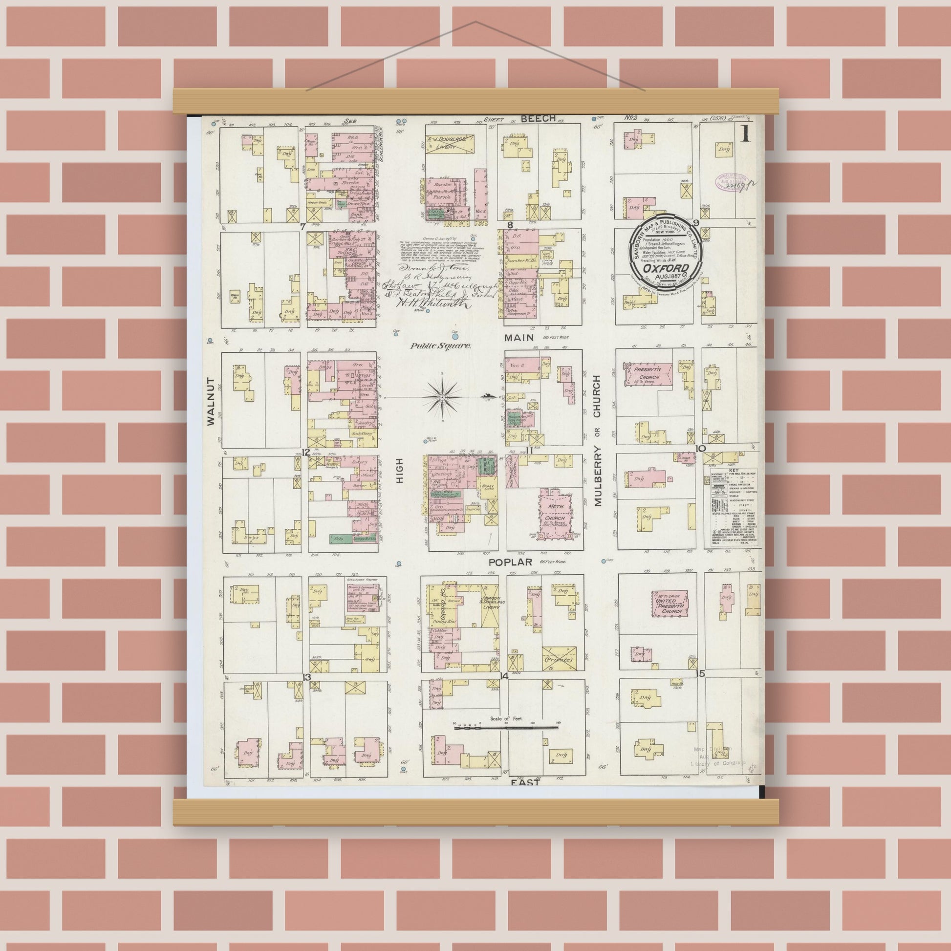 Old map wall art mockup — magnetic wood frame on brick wall — Sanborn Fire Insurance Map from Oxford, Butler County, Ohio (1887), Sheet #0001