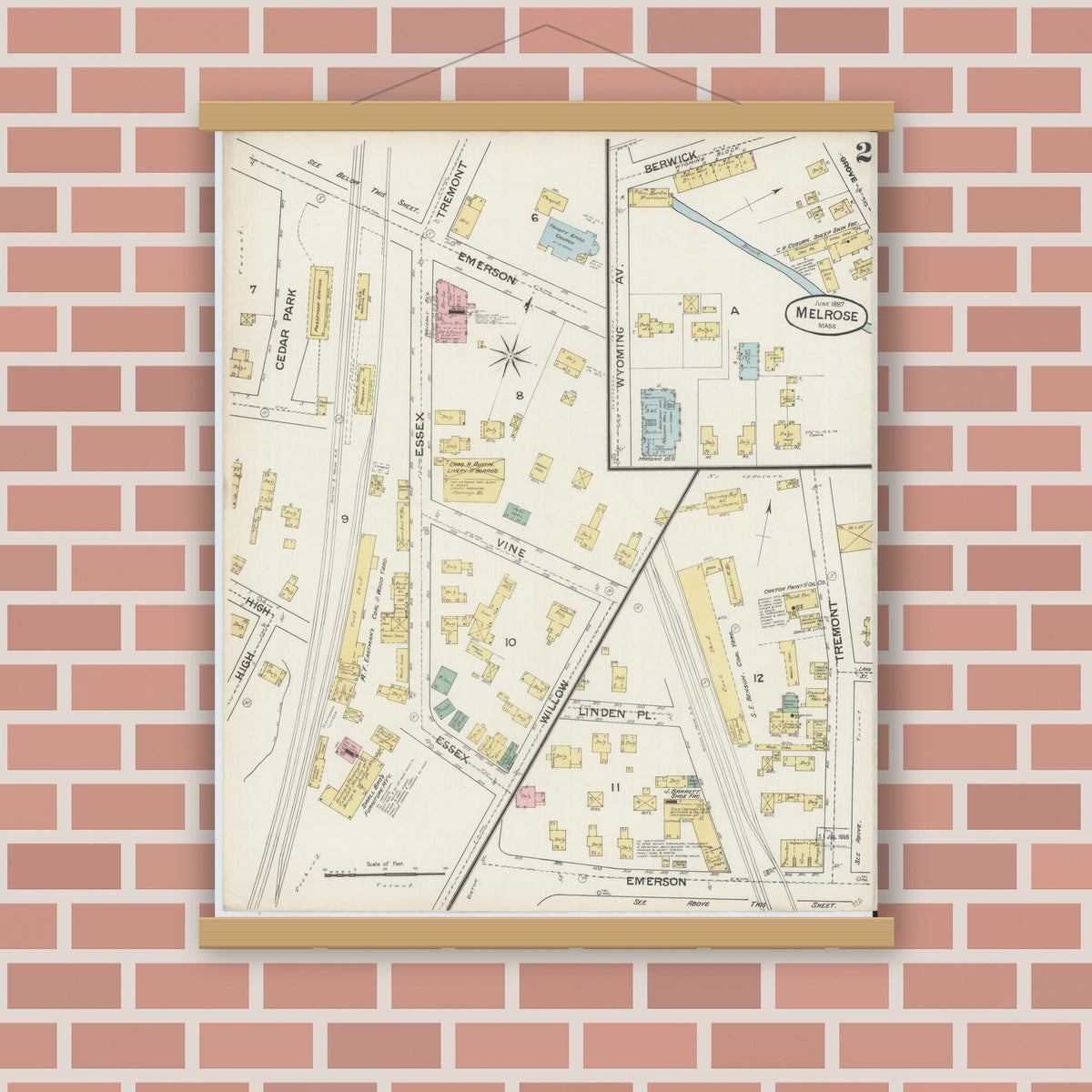 Old map wall art mockup — magnetic wood frame on brick wall — Sanborn Fire Insurance Map from Melrose, Middlesex County, Massachusetts (1887), Sheet #0002
