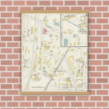 Old map wall art mockup — magnetic wood frame on brick wall — Sanborn Fire Insurance Map from Melrose, Middlesex County, Massachusetts (1887), Sheet #0002