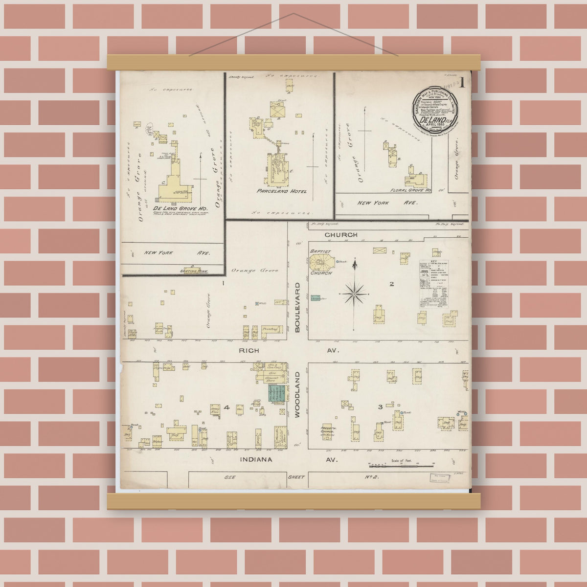 Old map wall art mockup — magnetic wood frame on brick wall — Sanborn Fire Insurance Map from De Land, Volusia County, Florida (1885) - Complete Map Set
