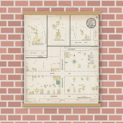 Old map wall art mockup — magnetic wood frame on brick wall — Sanborn Fire Insurance Map from De Land, Volusia County, Florida (1885) - Complete Map Set