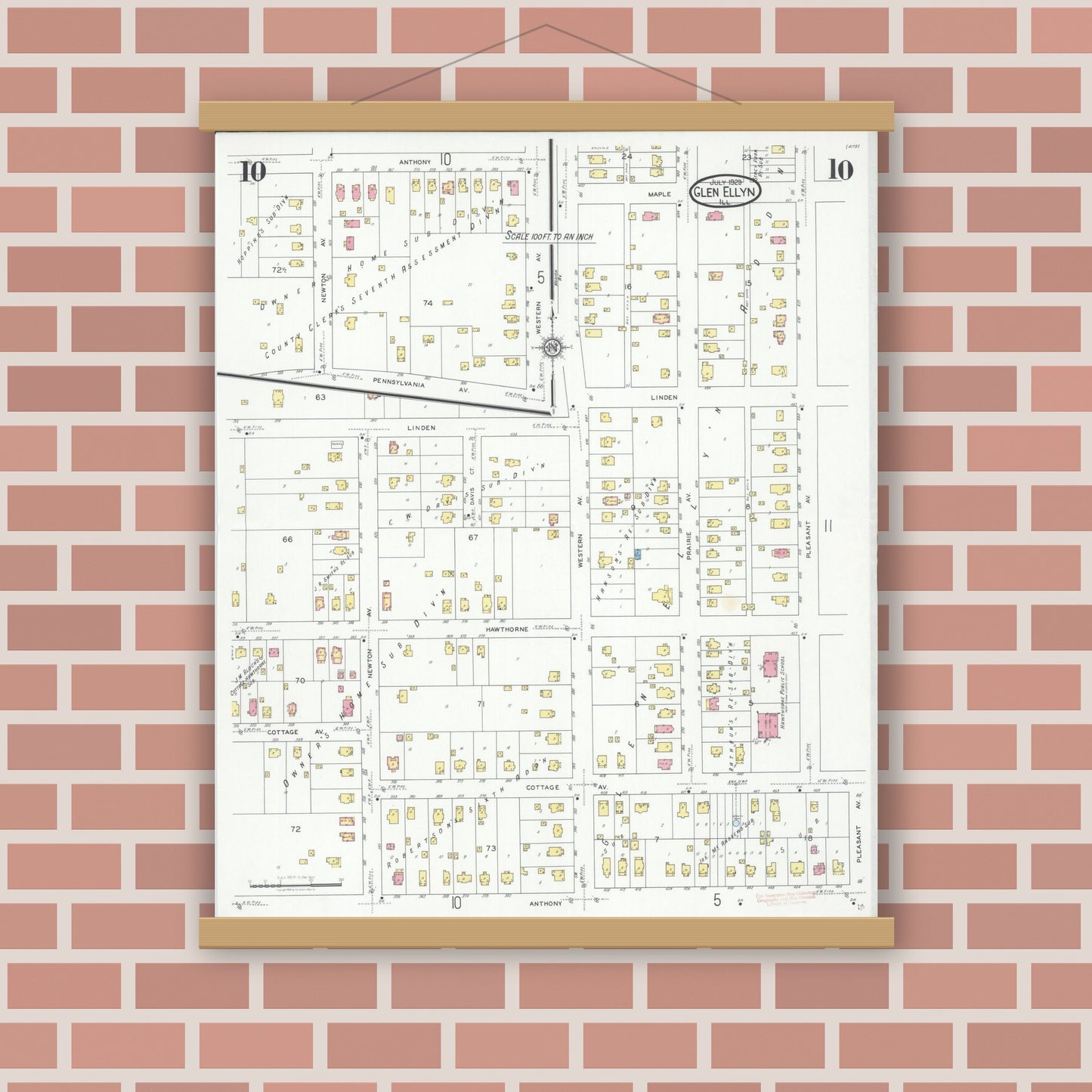 Old map wall art mockup — magnetic wood frame on brick wall — Sanborn Fire Insurance Map from Glen Ellyn, Du Page County, Illinois (1929), Sheet #0010