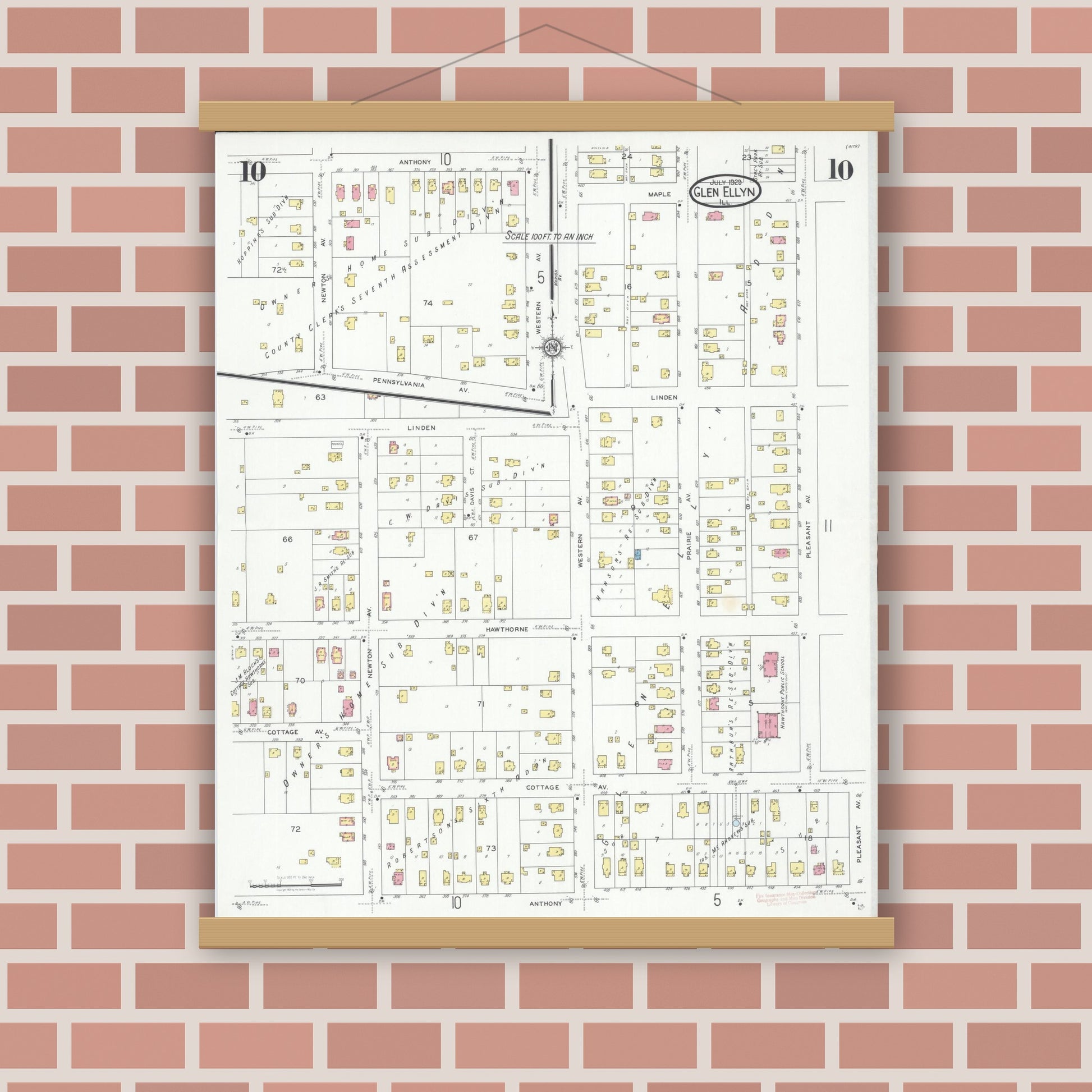 Old map wall art mockup — magnetic wood frame on brick wall — Sanborn Fire Insurance Map from Glen Ellyn, Du Page County, Illinois (1929), Sheet #0010