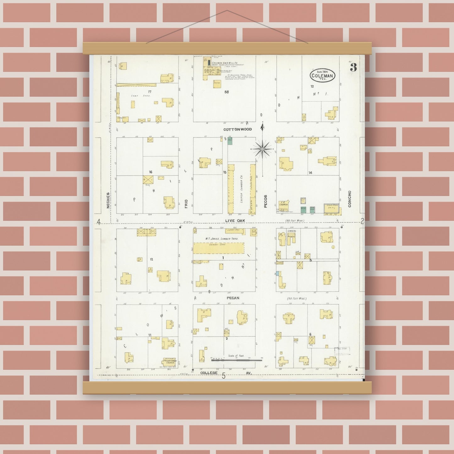 Old map wall art mockup — magnetic wood frame on brick wall — Sanborn Fire Insurance Map from Coleman, Coleman County, Texas (1904), Sheet #0003