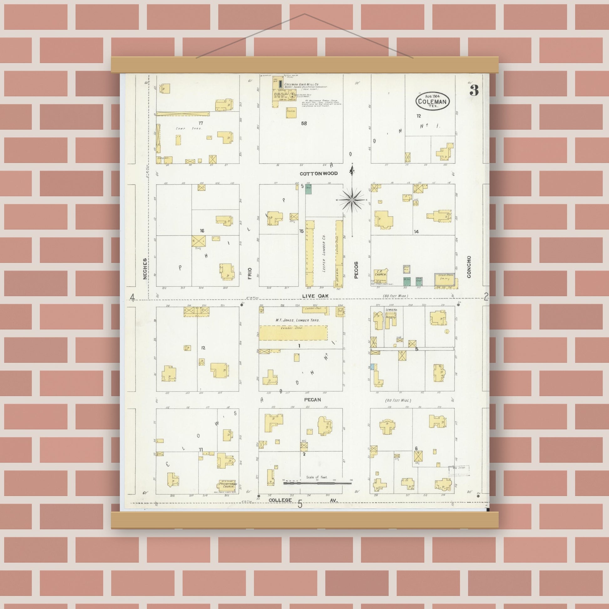 Old map wall art mockup — magnetic wood frame on brick wall — Sanborn Fire Insurance Map from Coleman, Coleman County, Texas (1904), Sheet #0003