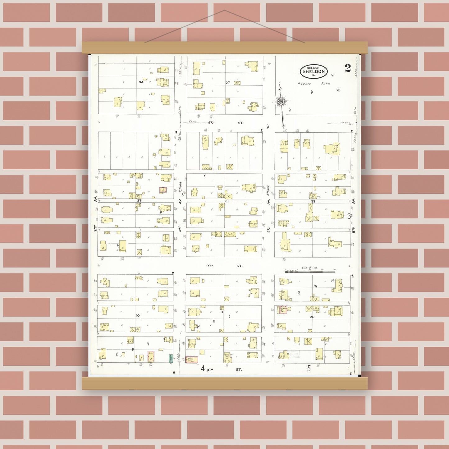 Old map wall art mockup — magnetic wood frame on brick wall — Sanborn Fire Insurance Map from Sheldon, O'Brien County, Iowa (1909), Sheet #0002