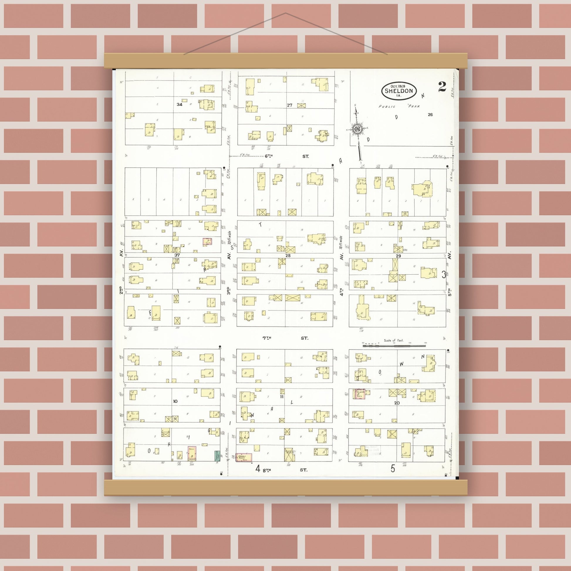 Old map wall art mockup — magnetic wood frame on brick wall — Sanborn Fire Insurance Map from Sheldon, O'Brien County, Iowa (1909), Sheet #0002