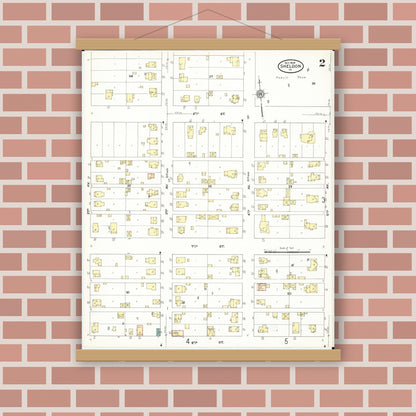 Old map wall art mockup — magnetic wood frame on brick wall — Sanborn Fire Insurance Map from Sheldon, O'Brien County, Iowa (1909), Sheet #0002