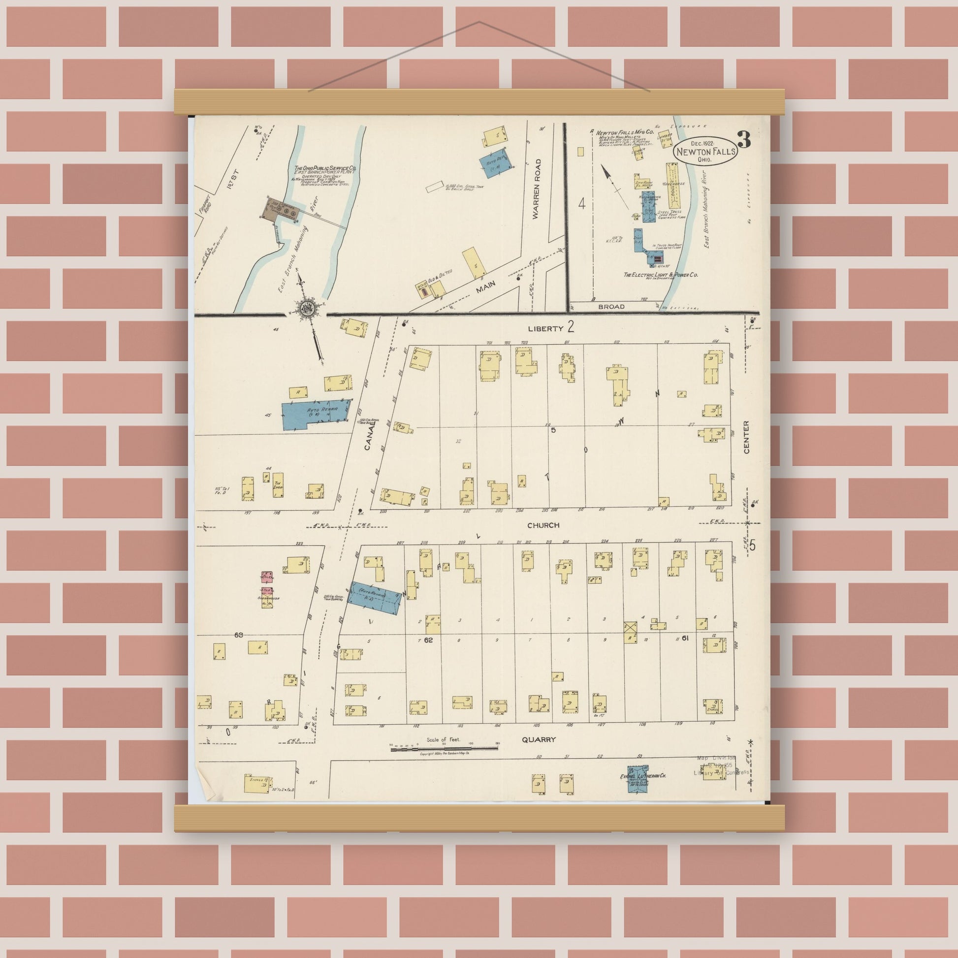 Old map wall art mockup — magnetic wood frame on brick wall — Sanborn Fire Insurance Map from Newton Falls, Trumbull County, Ohio (1922), Sheet #0003