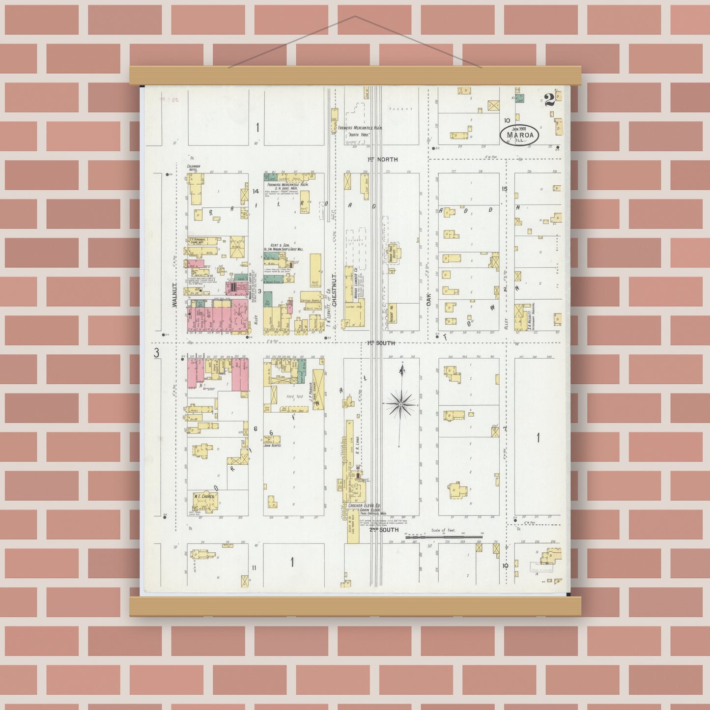 Old map wall art mockup — magnetic wood frame on brick wall — Sanborn Fire Insurance Map from Maroa, Macon County, Illinois (1901), Sheet #0002