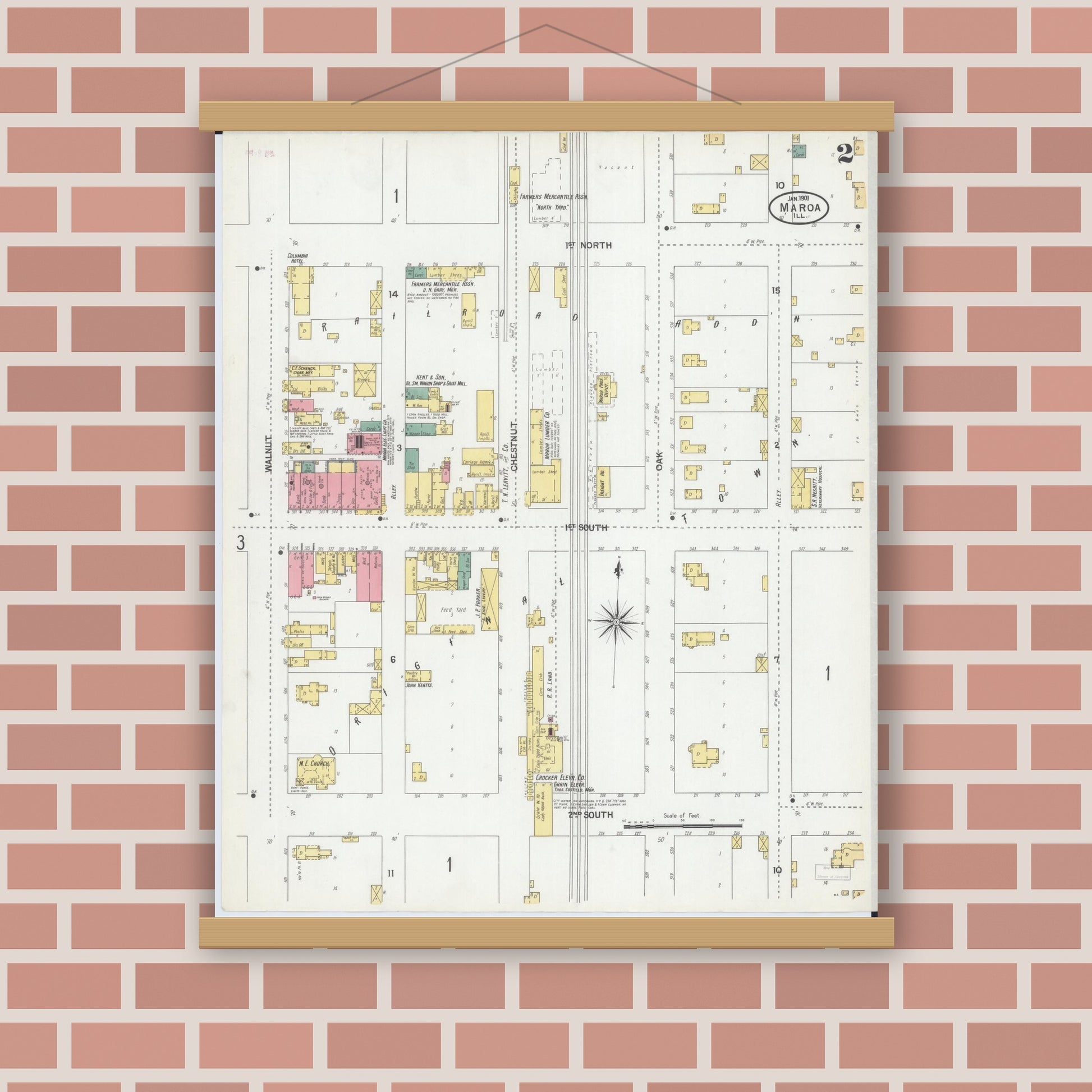 Old map wall art mockup — magnetic wood frame on brick wall — Sanborn Fire Insurance Map from Maroa, Macon County, Illinois (1901), Sheet #0002