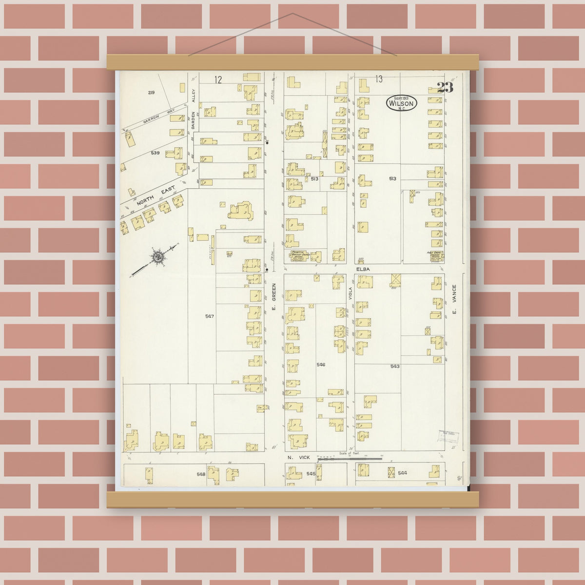 Old map wall art mockup — magnetic wood frame on brick wall — Sanborn Fire Insurance Map from Wilson, Wilson County, North Carolina (1913), Sheet #0023