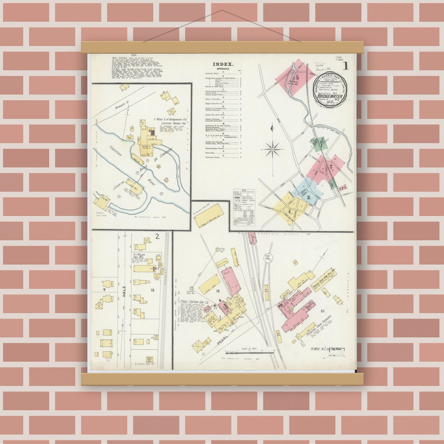 Old map wall art mockup — magnetic wood frame on brick wall — Sanborn Fire Insurance Map from Bridgewater, Plymouth County, Massachusetts (1896) - Complete Map Set