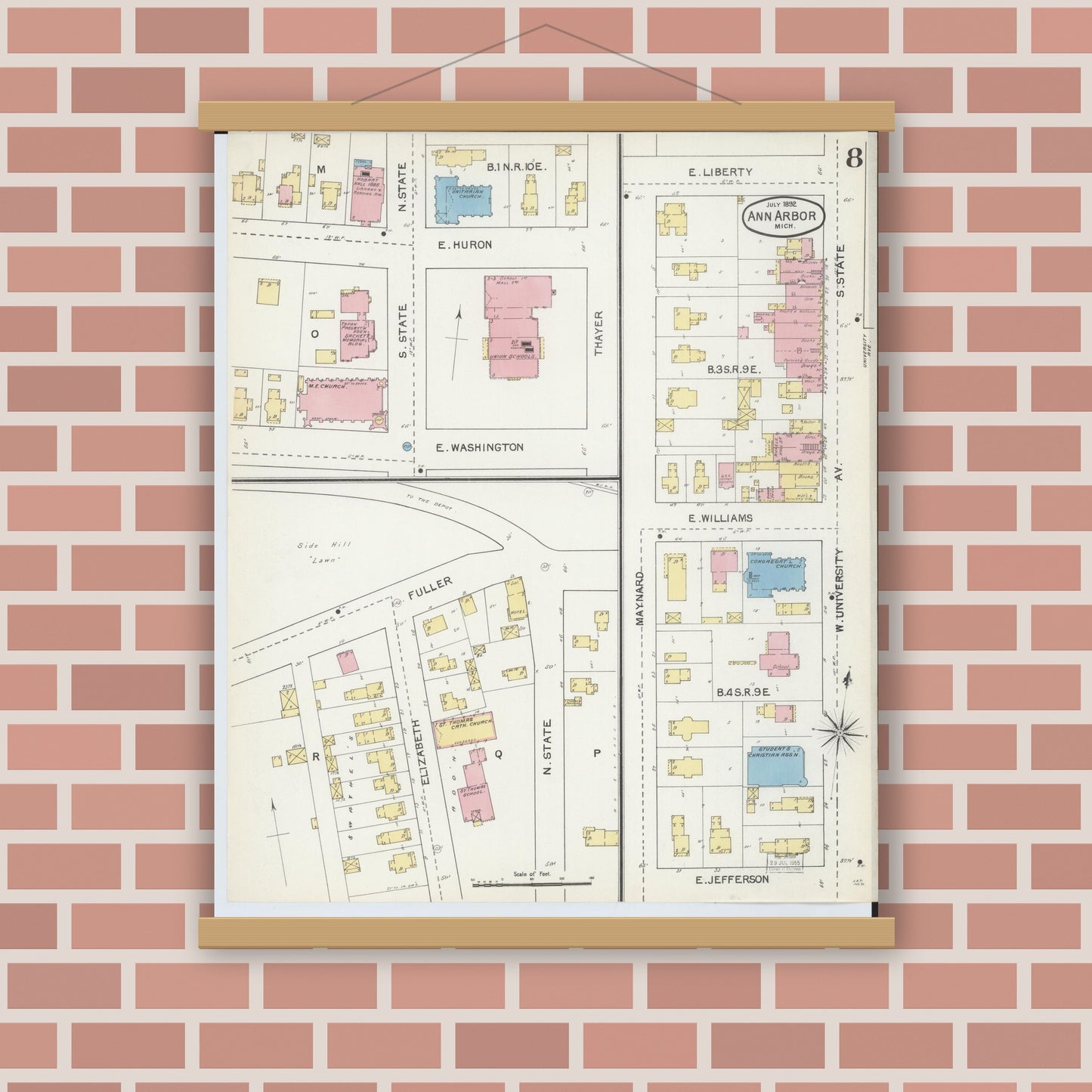 Old map wall art mockup — magnetic wood frame on brick wall — Sanborn Fire Insurance Map from Ann Arbor, Washtenaw County, Michigan (1892), Sheet #0008