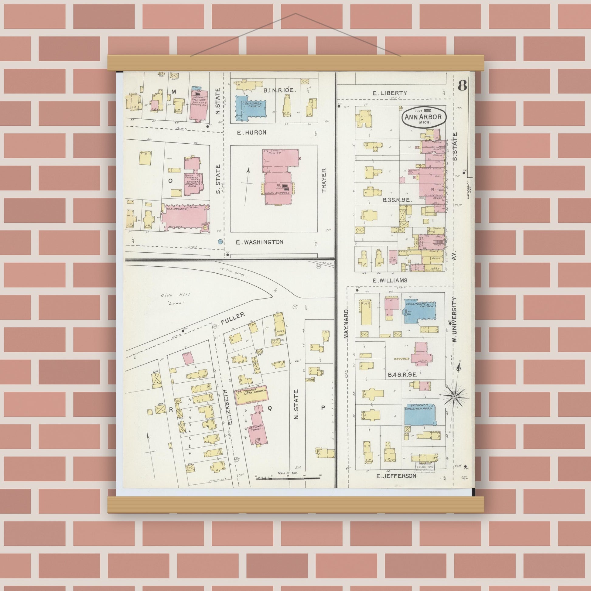 Old map wall art mockup — magnetic wood frame on brick wall — Sanborn Fire Insurance Map from Ann Arbor, Washtenaw County, Michigan (1892), Sheet #0008