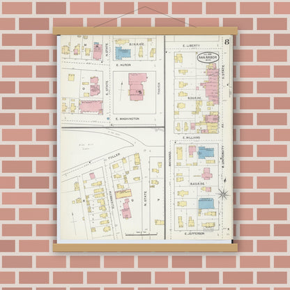 Old map wall art mockup — magnetic wood frame on brick wall — Sanborn Fire Insurance Map from Ann Arbor, Washtenaw County, Michigan (1892), Sheet #0008
