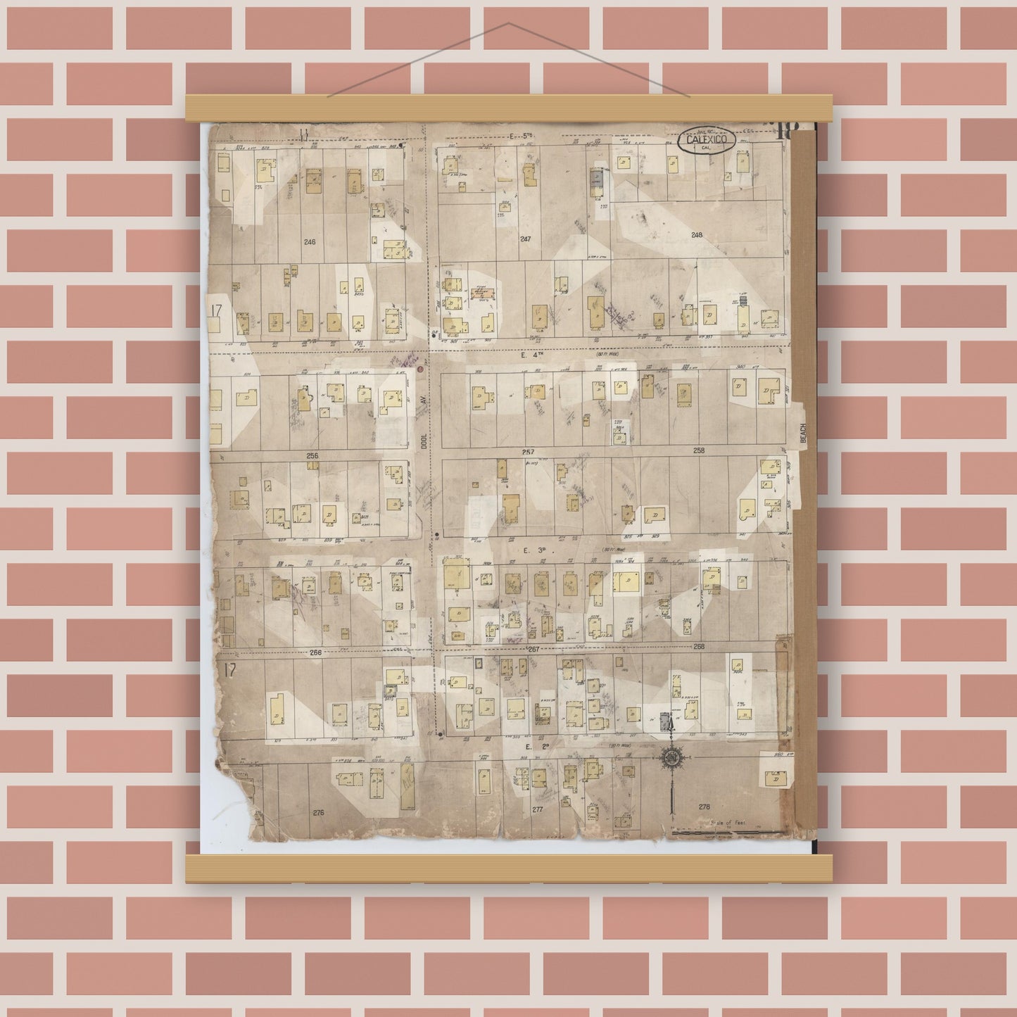 Old map wall art mockup — magnetic wood frame on brick wall — Sanborn Fire Insurance Map from Calexico, Imperial County, California (1956), Sheet #0018