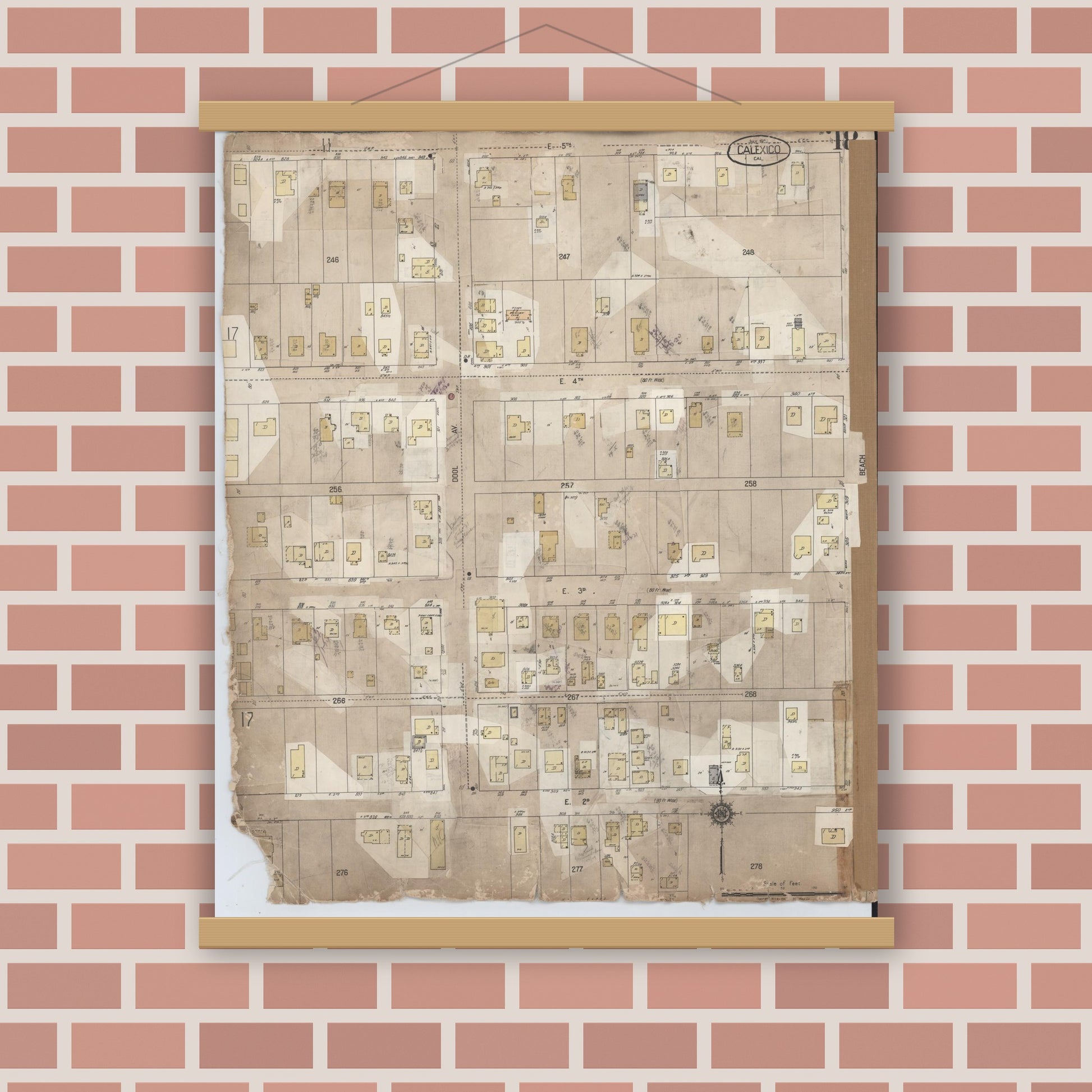 Old map wall art mockup — magnetic wood frame on brick wall — Sanborn Fire Insurance Map from Calexico, Imperial County, California (1956), Sheet #0018