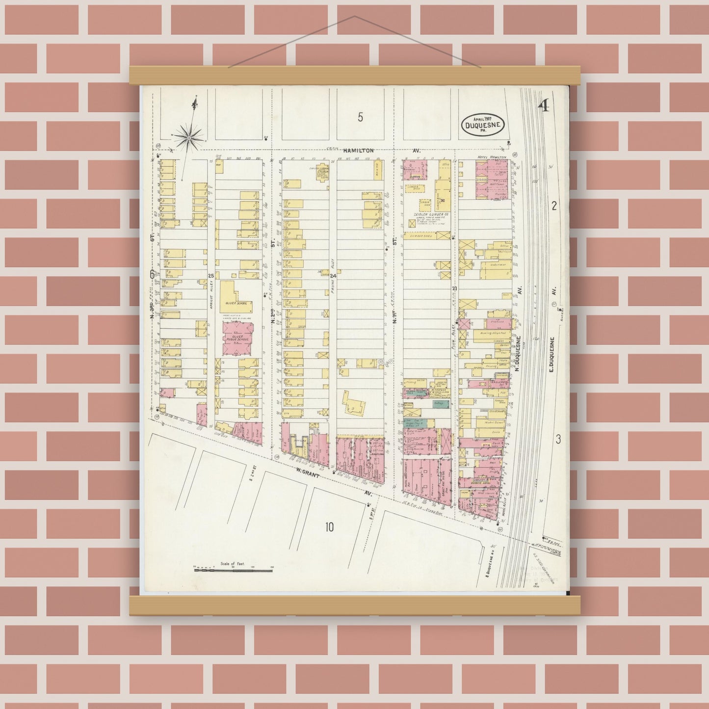 Old map wall art mockup — magnetic wood frame on brick wall — Sanborn Fire Insurance Map from Duquesne, Allegheny County, Pennsylvania (1907), Sheet #0004