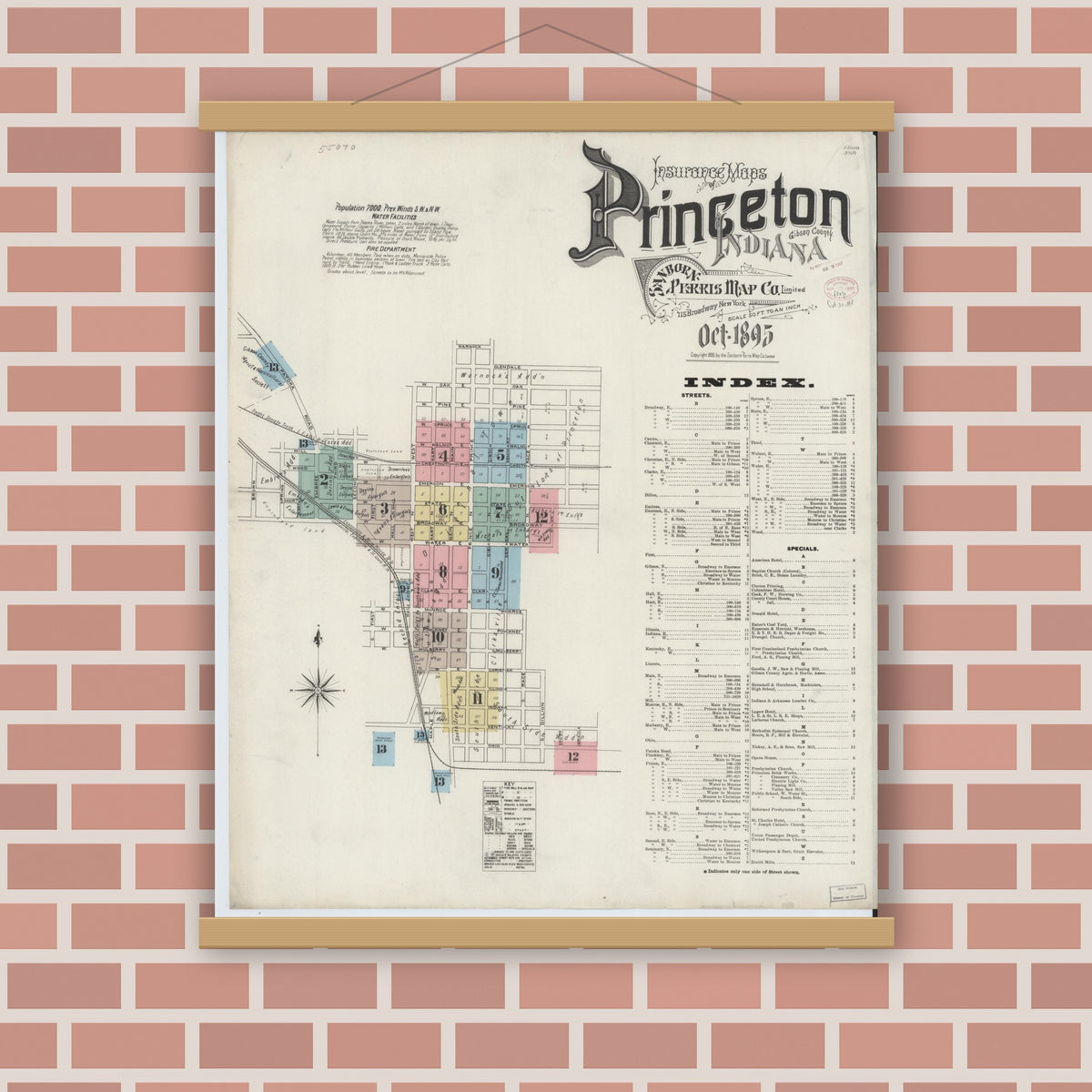 Old map wall art mockup — magnetic wood frame on brick wall — Sanborn Fire Insurance Map from Princeton, Gibson County, Indiana (1895) - Complete Map Set